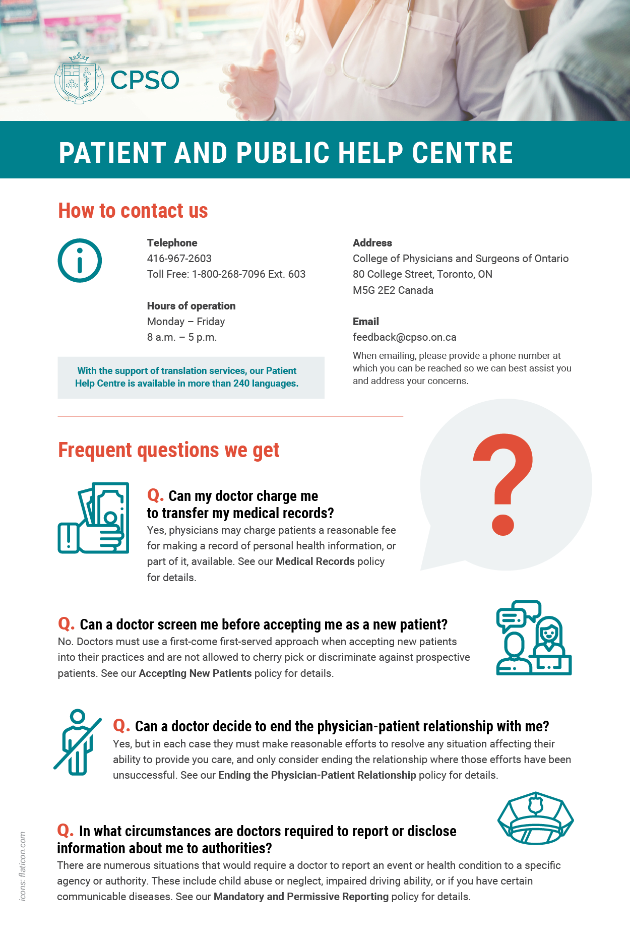 Infographic describing the Patient Help Centre and the questions they can and cannot answer